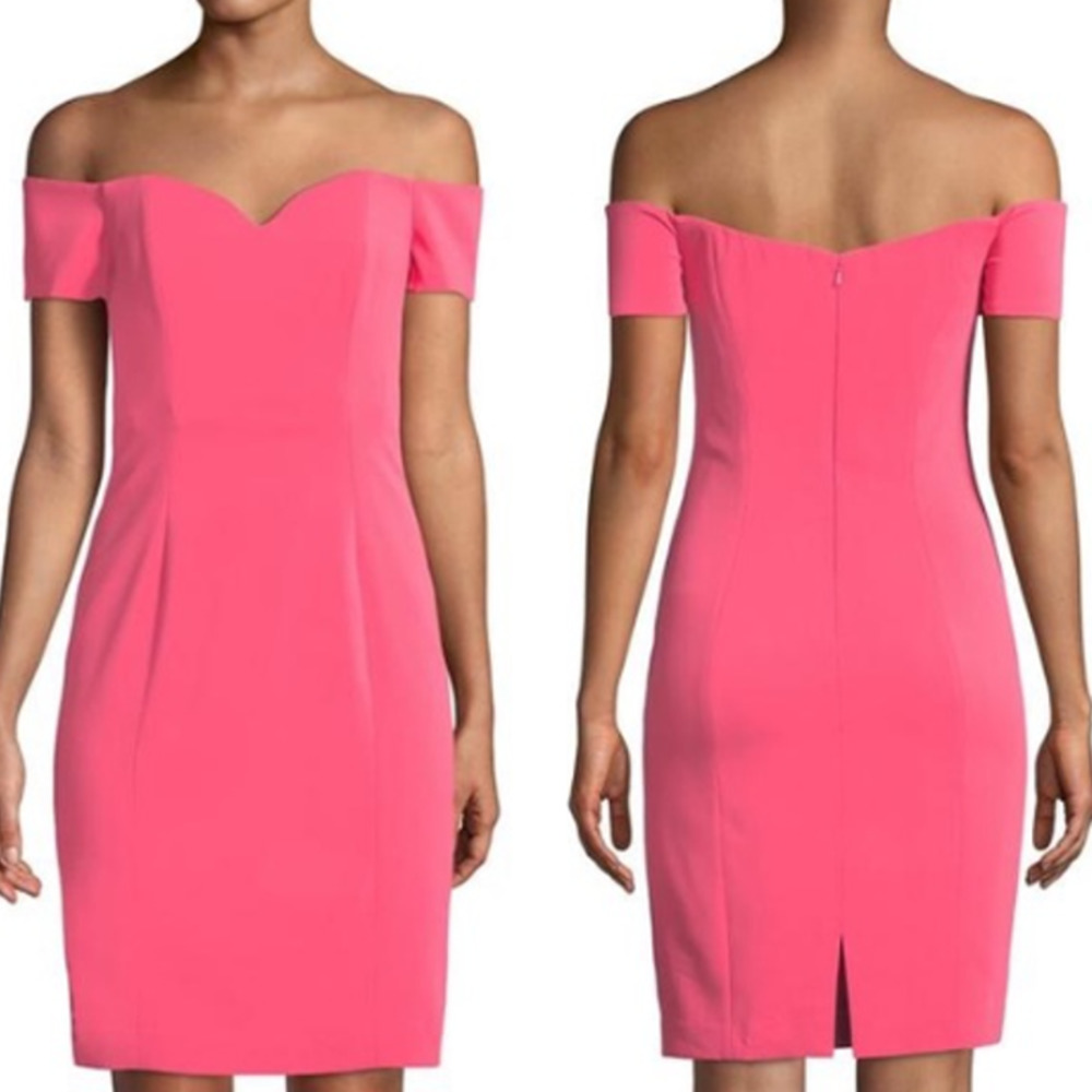 Badgley Mischka Off-The-Shoulder Sweetheart Sheath Cocktail Dress Hot Pink 6